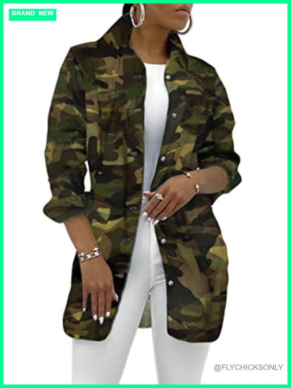 Camo Denim Jacket Frayed Hem Distressed Trucker Coat Slim Fit